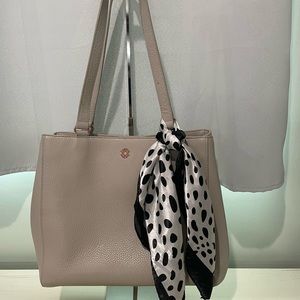 Elegant Beige Tote Bag with Polka Dot Scarf